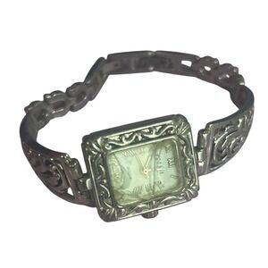 Decade Quartz Watch 47614 Silver Tone Filigree Rectangular Roman Numeral Dial
